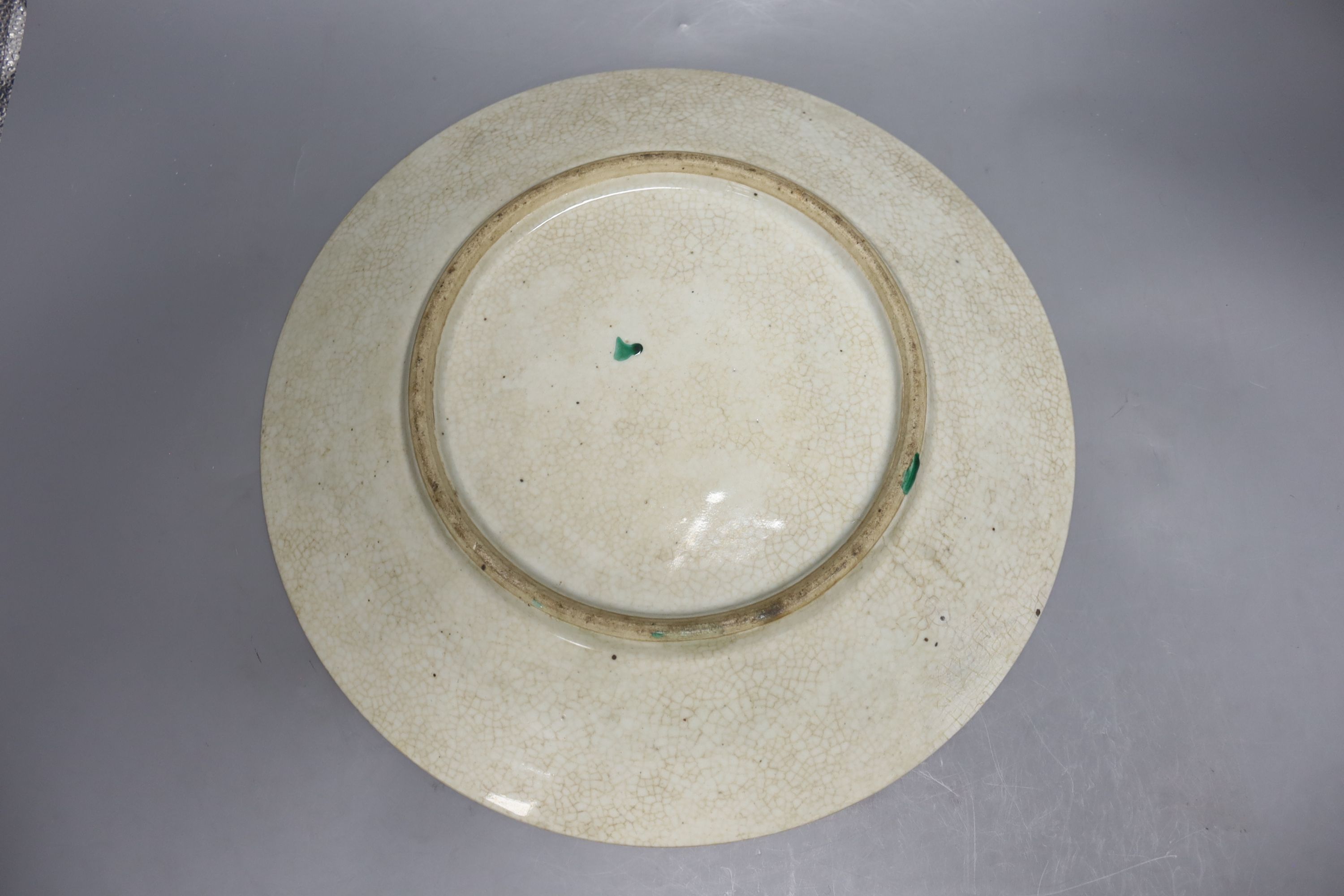 A 19th century Chinese famille verte crackle glaze dish and wood stand, diameter 35cm